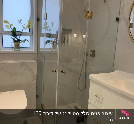 חדר רחצה עם מקלחון זכוכית וברזים מוזהבים
